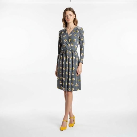 Boden Dresses & Skirts - NWOT Boden Gray and Yellow Midi Sundress with Long Sleeves and V-Neck